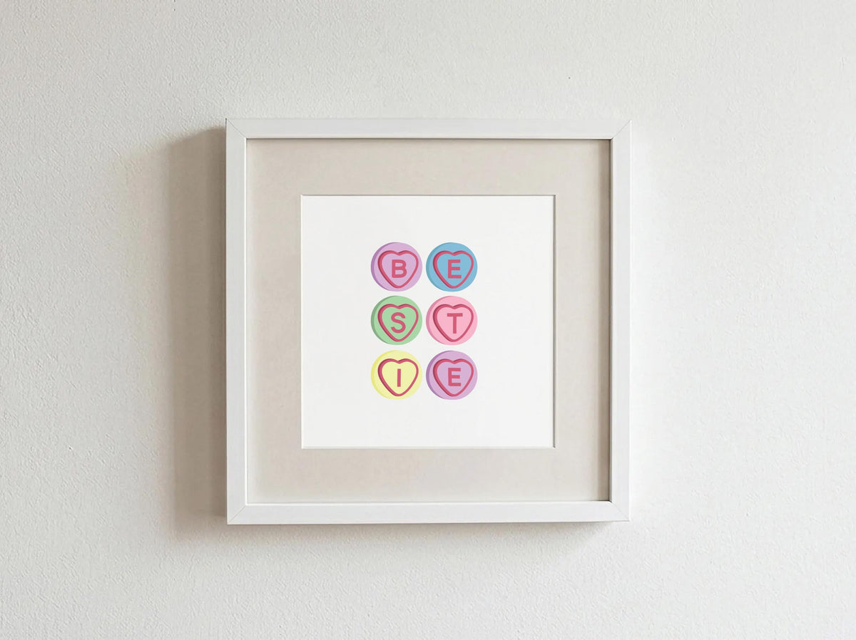 Candy Hearts Best Friend Print, BFF Gift, Friendship Wall Art (6"x6" or 8"x8")