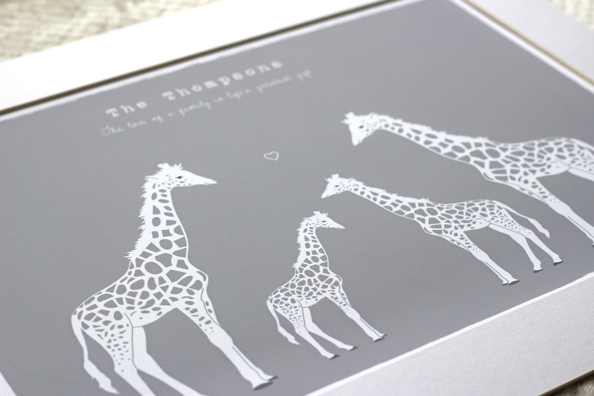 Giraffe Family Personalised Print, Custom Family Name Wall Art