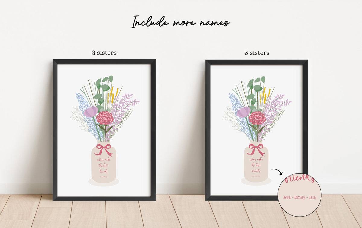 Personalised Sister Flower Print, Custom Names, Keepsake Gift