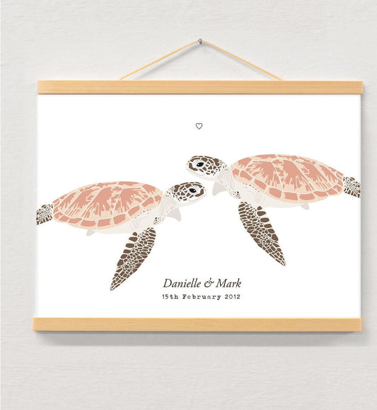 Sea turtle couple personalised print displayed in a wooden magnetic hanger