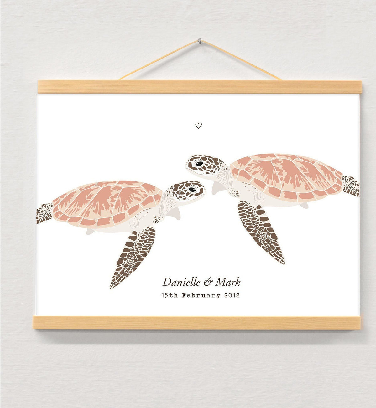 Sea turtle couple personalised print displayed in a wooden magnetic hanger