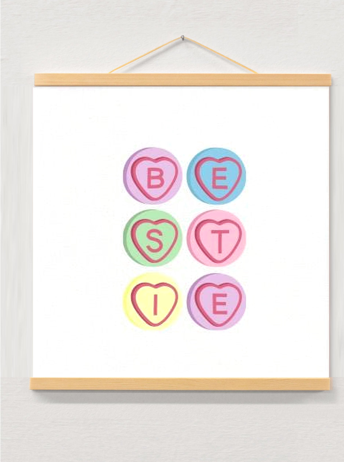 Candy Hearts Best Friend Print, BFF Gift, Friendship Wall Art (6"x6" or 8"x8") displayed in a wooden magnetic hanger