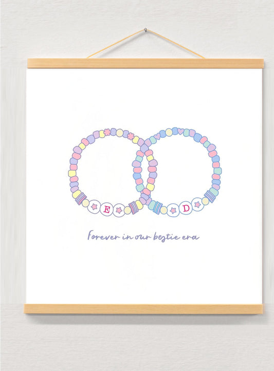 Personalised Friendship Bracelet Print, Bestie Gift, Initials (6"x6" or 8"x8") displayed in a wooden magnetic hanger