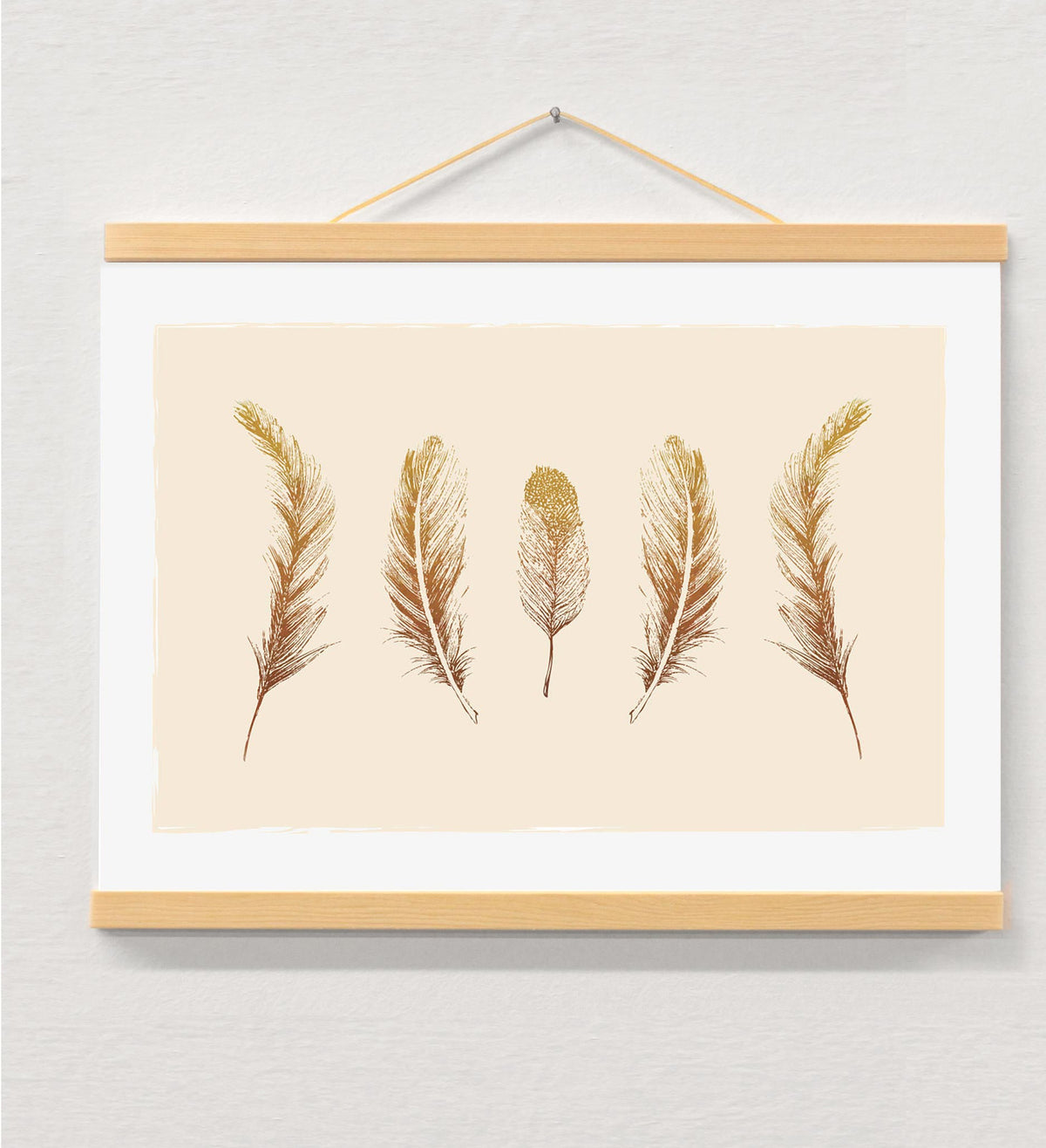 Feather art print displayed in a wooden magnetic hanger