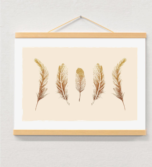 Feather art print displayed in a wooden magnetic hanger