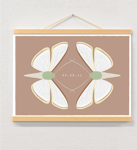 Personalised wedding date print displayed in a wooden magnetic hanger