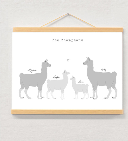 Personalised Llama Couple Print, Custom Names Keepsake displayed in a wooden magnetic hanger