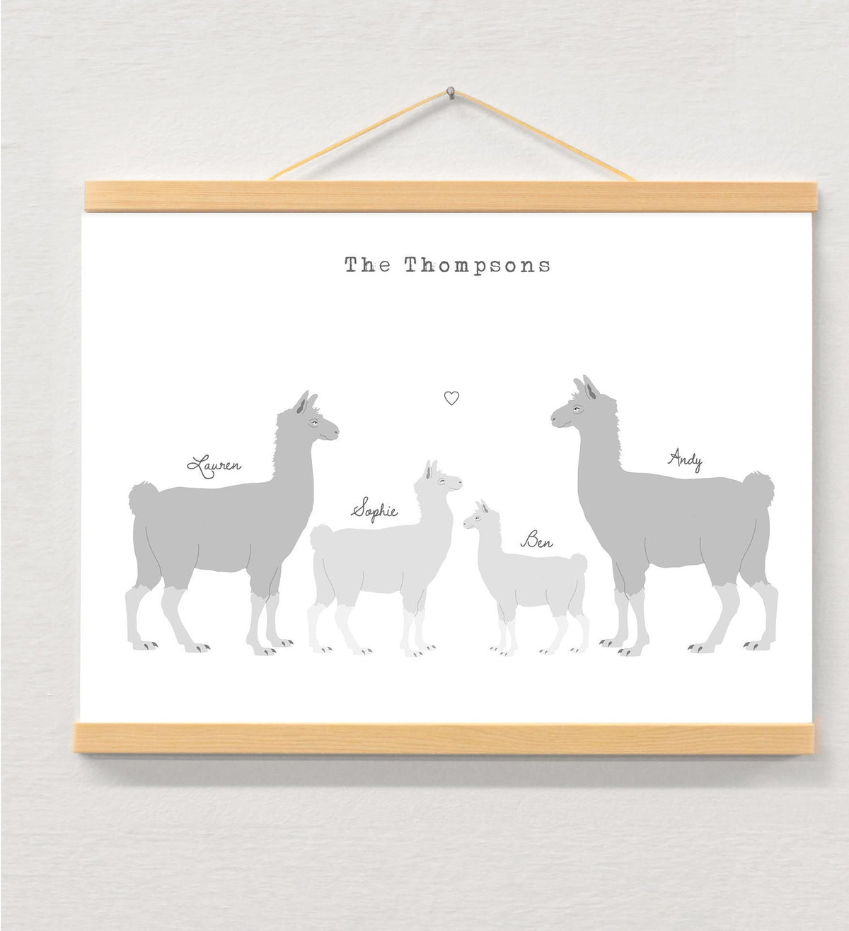 Personalised Llama Couple Print, Custom Names Keepsake displayed in a wooden magnetic hanger