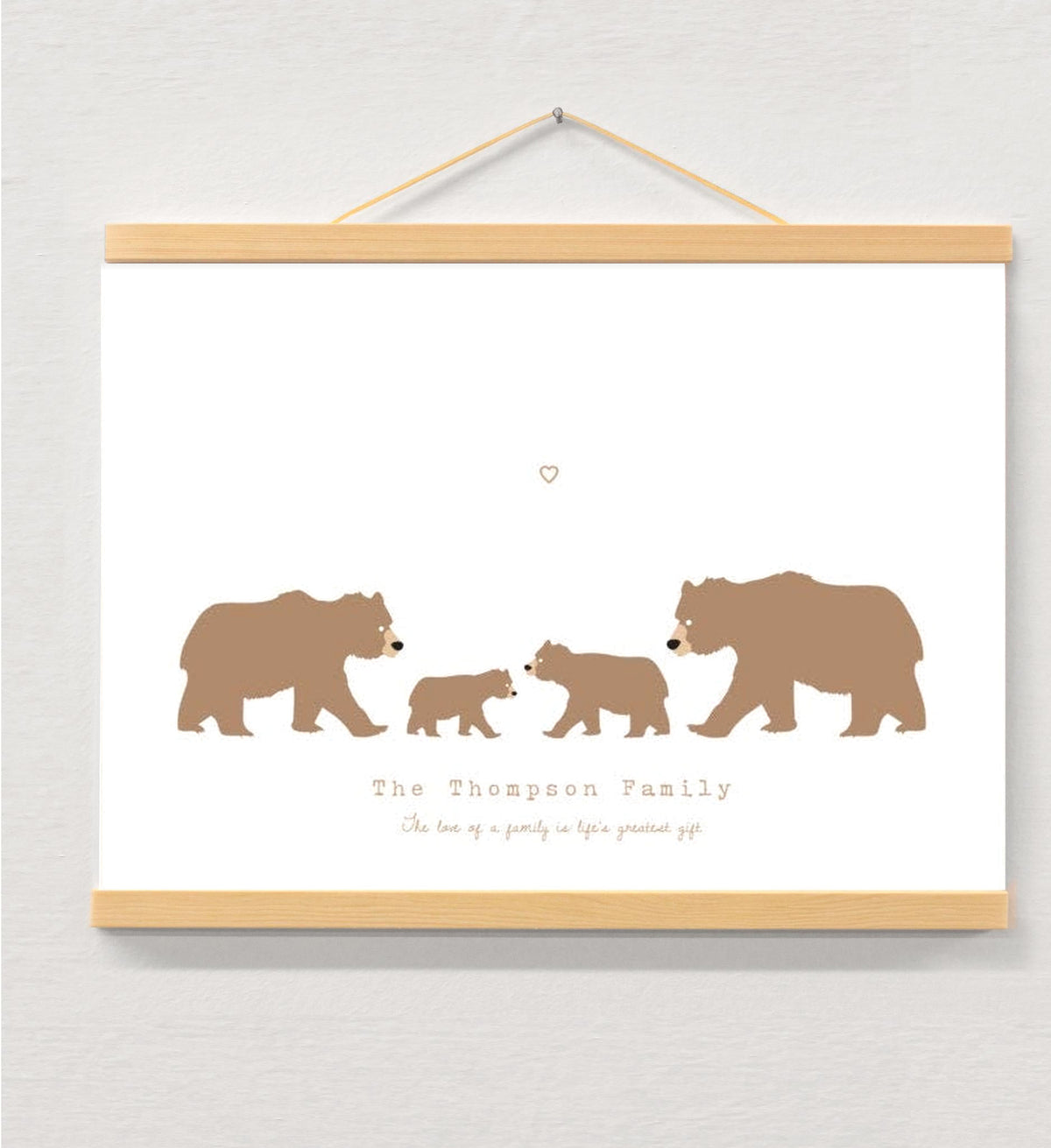 Personalised Family Print Bears, Custom Family Keepsake displayed in a wooden magnetic hanger