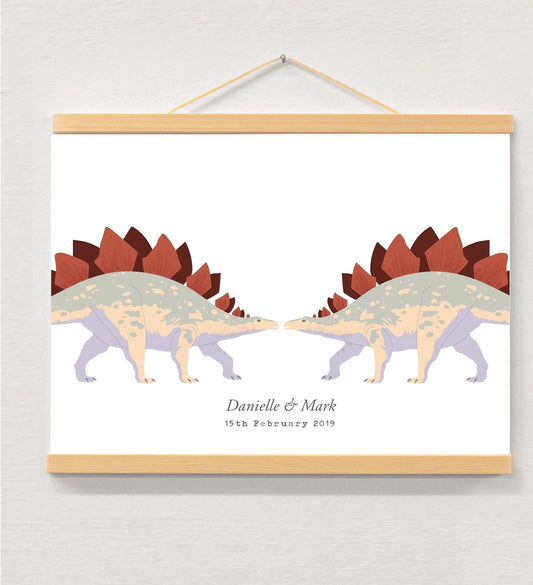 Dinosaur couple personalised print displayed in a wooden magnetic hanger