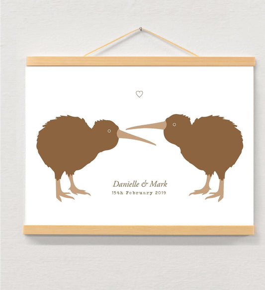 Kiwi bird personalised couple print displayed in a wooden magnetic hanger