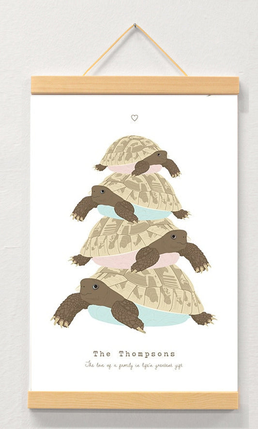 Tortoise Family Personalised Print, Custom Family Name Wall Art displayed in a wooden magnetic hanger