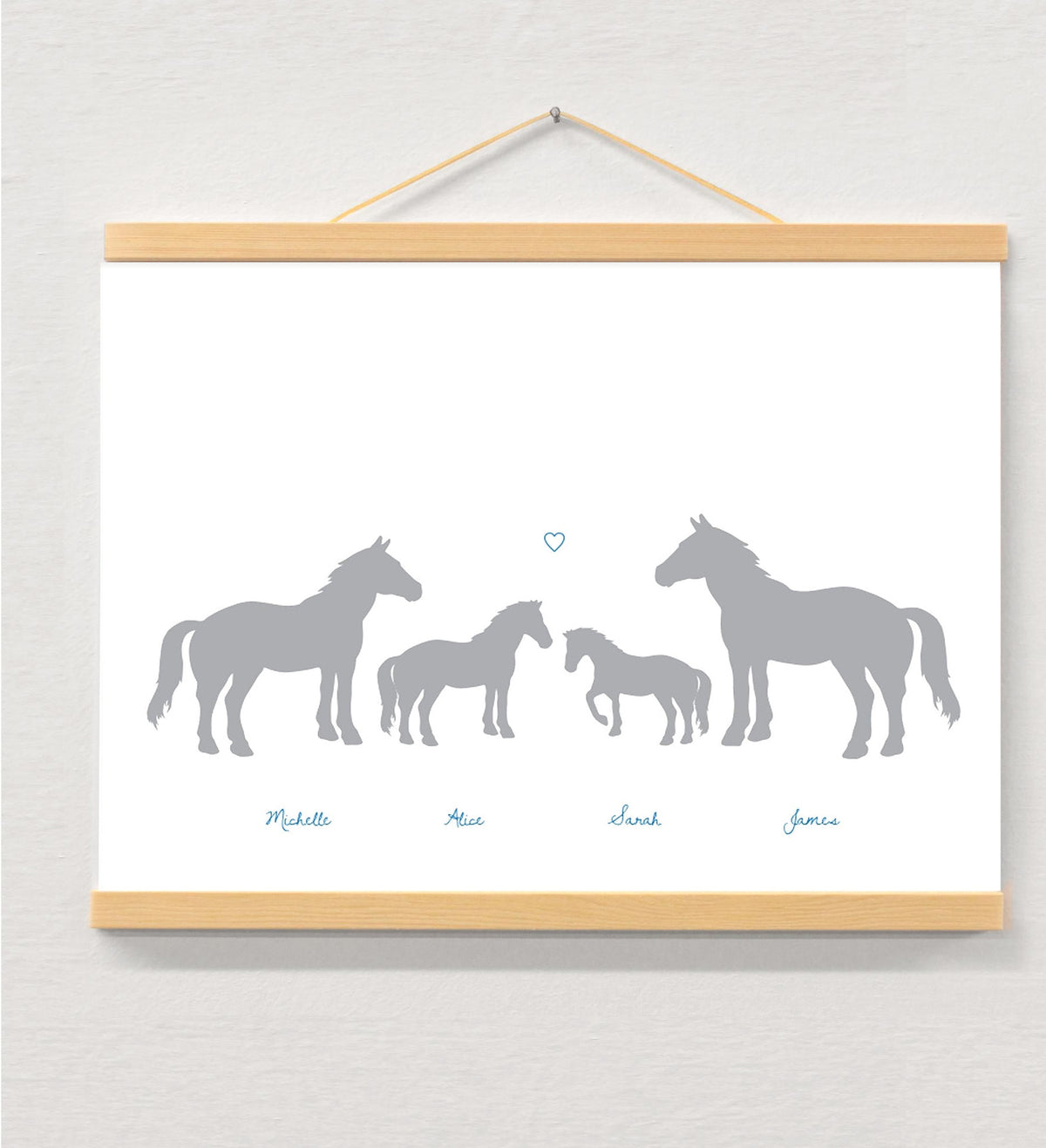 Family Print Horses, Horse Gift displayed in a wooden magnetic hanger