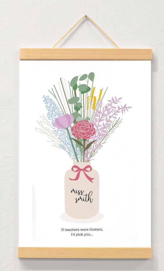 Personalised teacher thank you gift displayed in a wooden magnetic hanger
