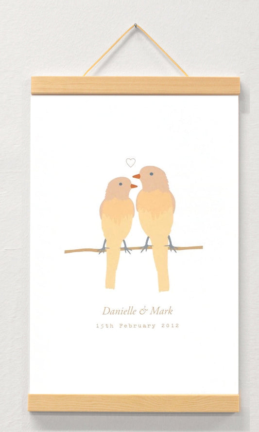 Bird couple personalised print displayed in a wooden magnetic hanger