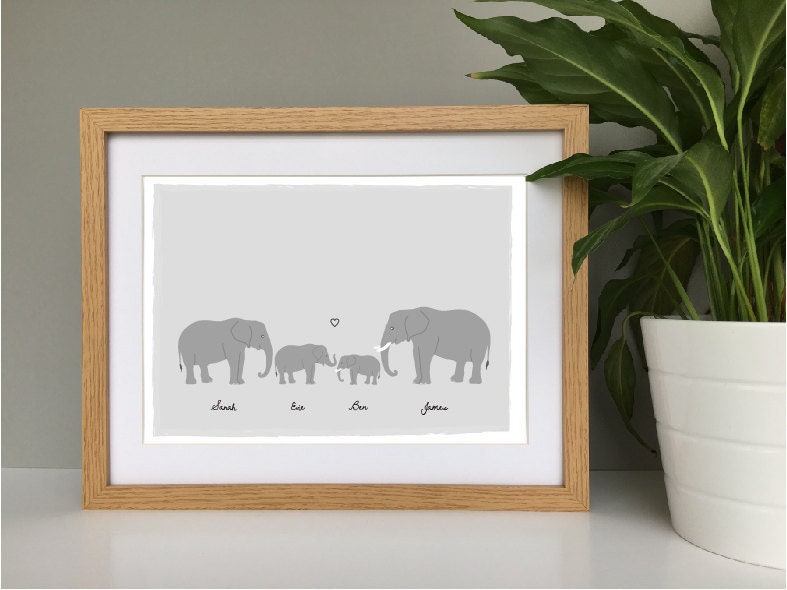 Personalized Elephant Family Print, Custom Names, Housewarming Gift