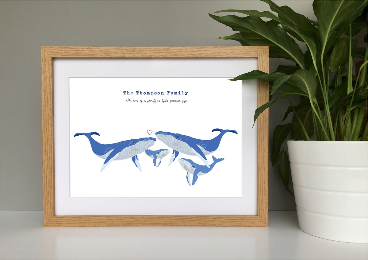 Personalised Whale Family Print, Custom Name, Housewarming Gift (A4/A3)