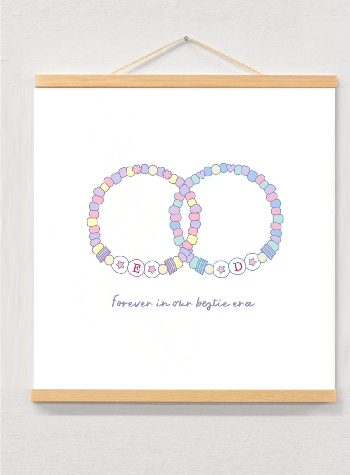 Personalised Friendship Bracelet Print, Bestie Gift, Initials (6"x6" or 8"x8") displayed in a wooden magnetic hanger