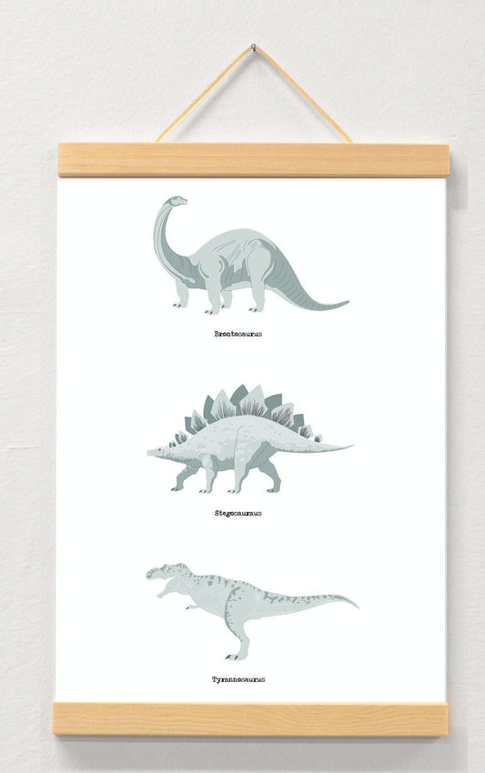 Dinosaur nursery print displayed in a wooden magnetic hanger