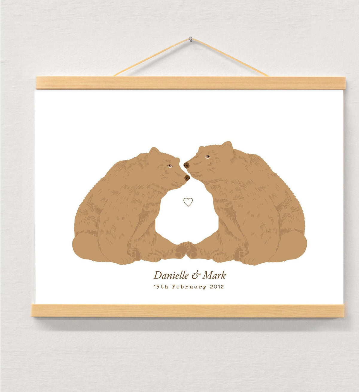 Bear couple personalised print displayed in a wooden magnetic hanger