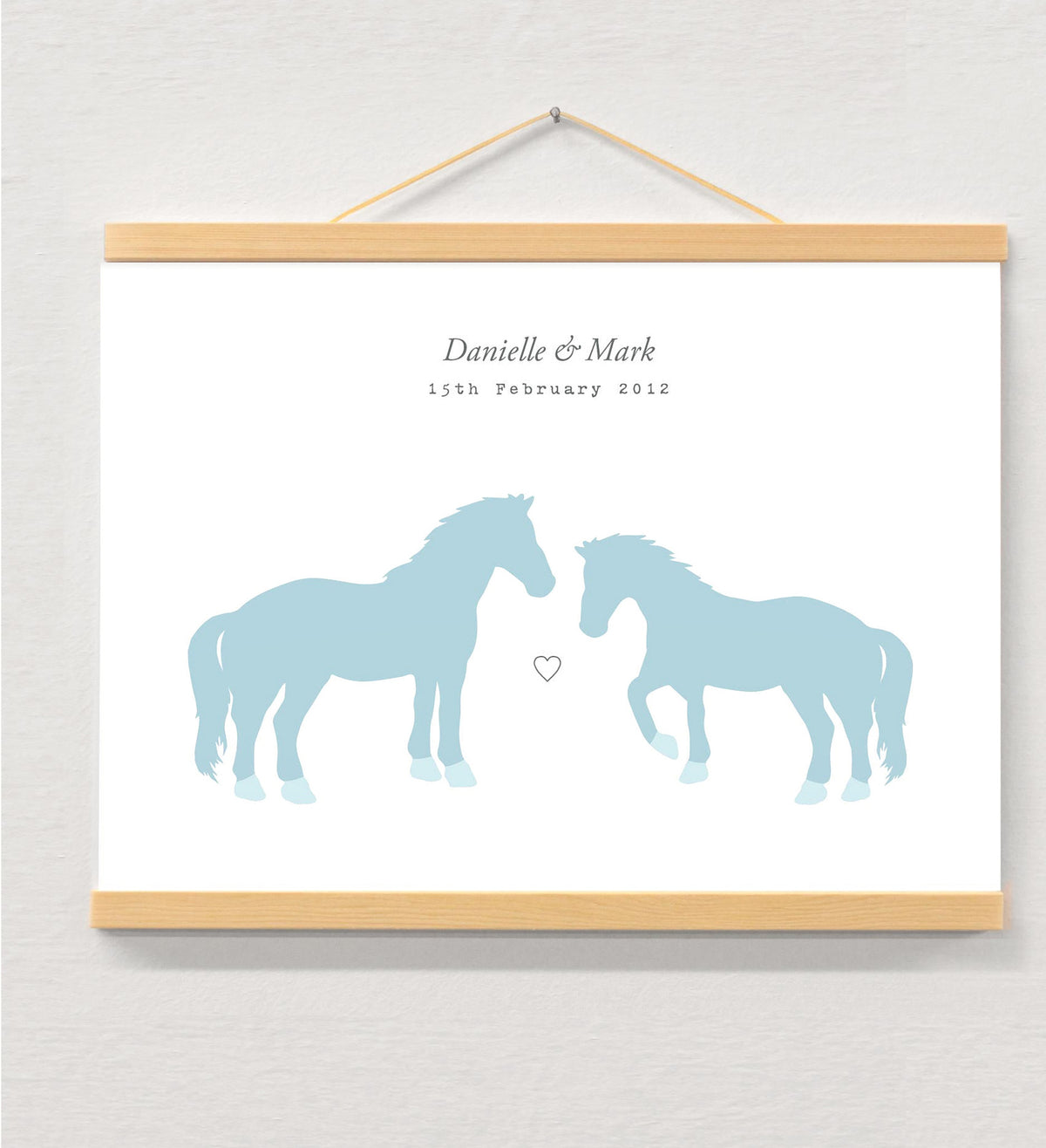 Horse couple personalised print displayed in a wooden magnetic hanger