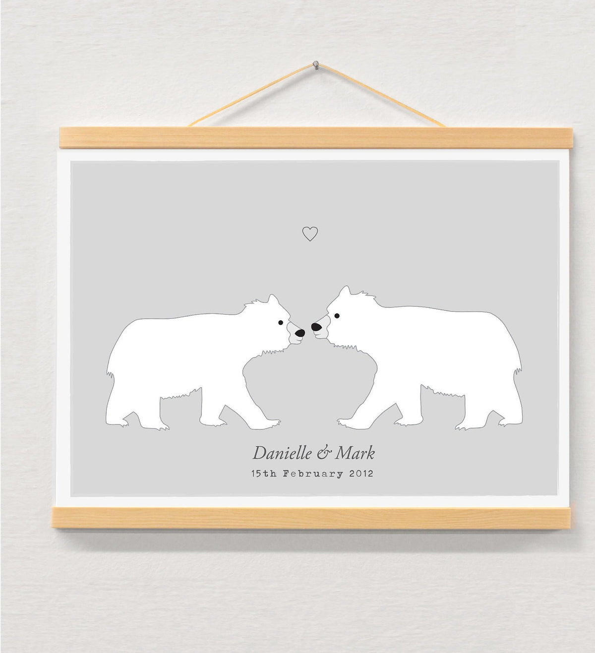 Polar bear couple personalised print displayed in a wooden magnetic hanger