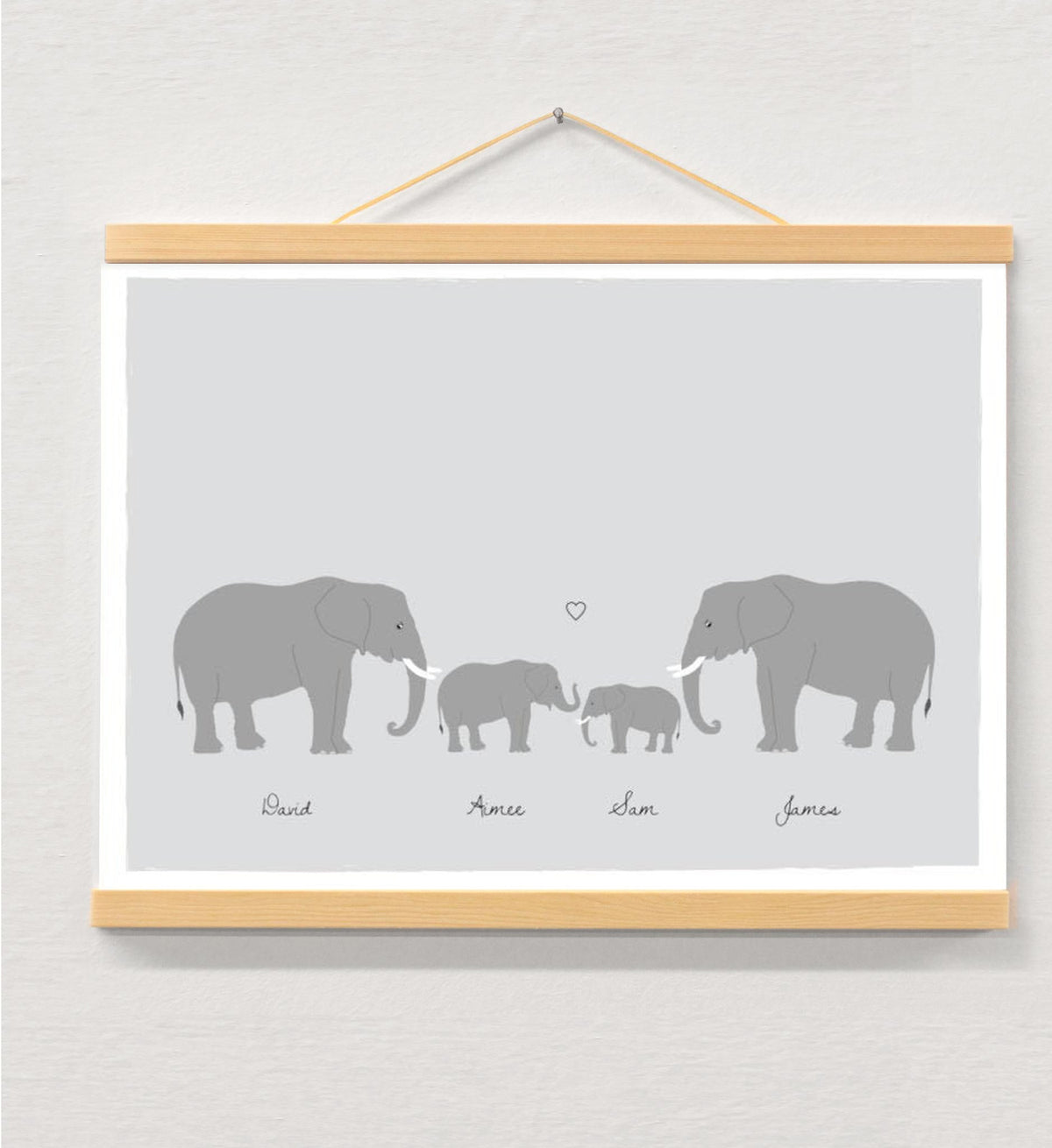Same sex couple family personalised print displayed in a wooden magnetic hanger
