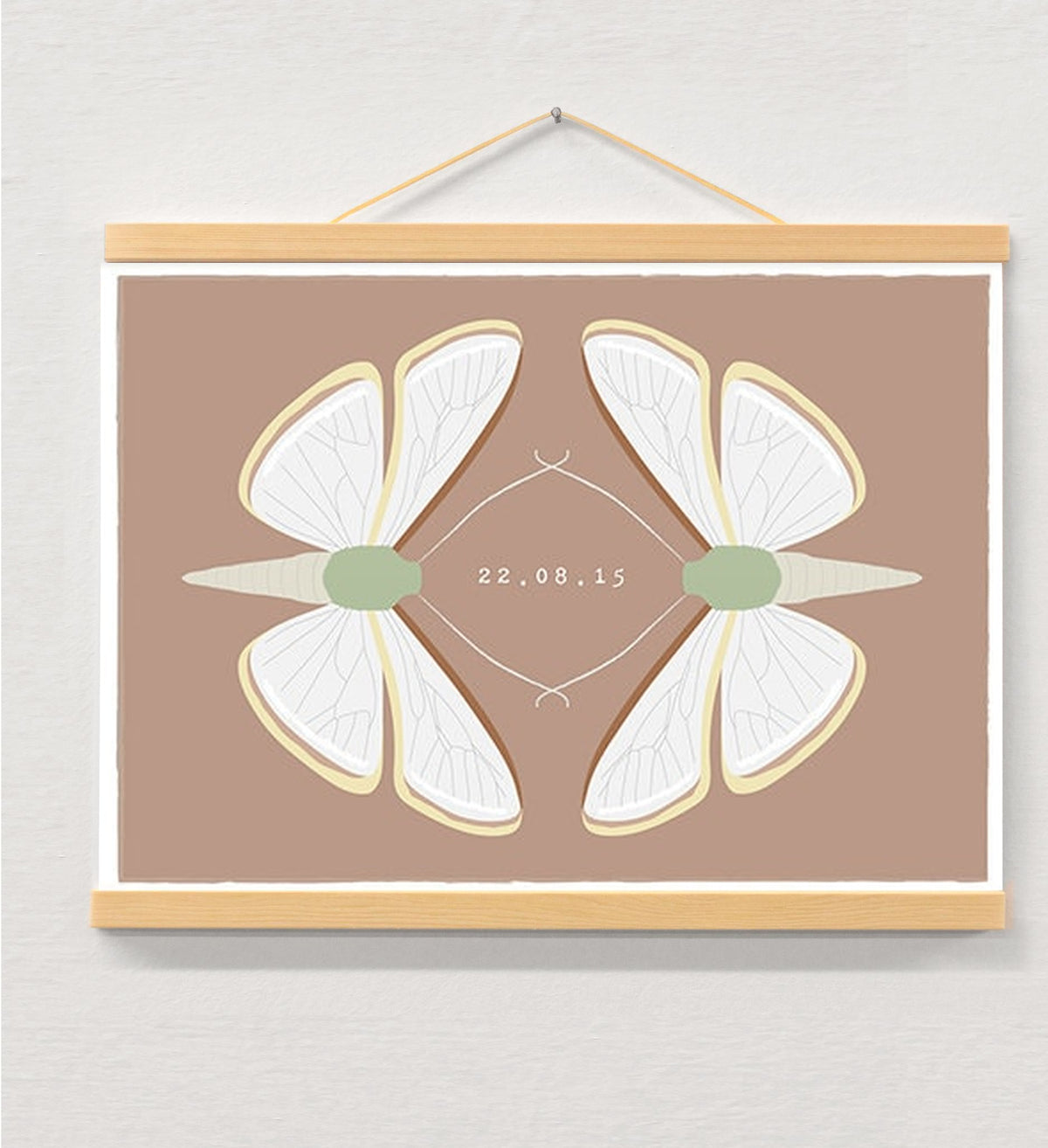 Personalised wedding date print displayed in a wooden magnetic hanger