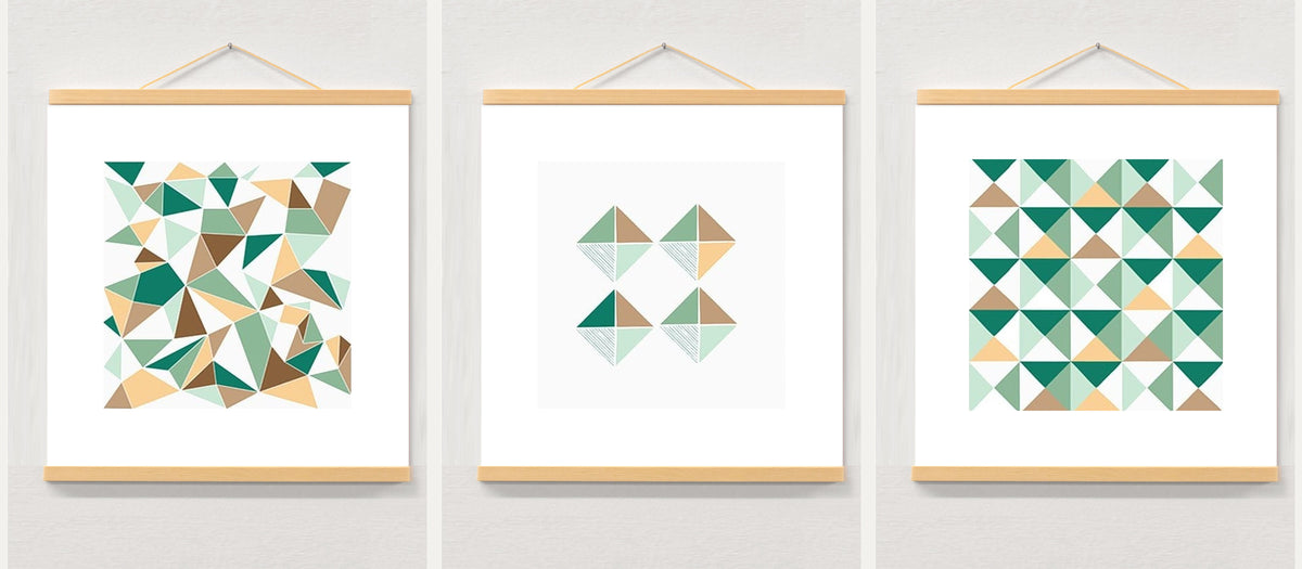 Geometric Triangle Art Print Set: Scandinavian Wall Decor displayed in a wooden magnetic hanger