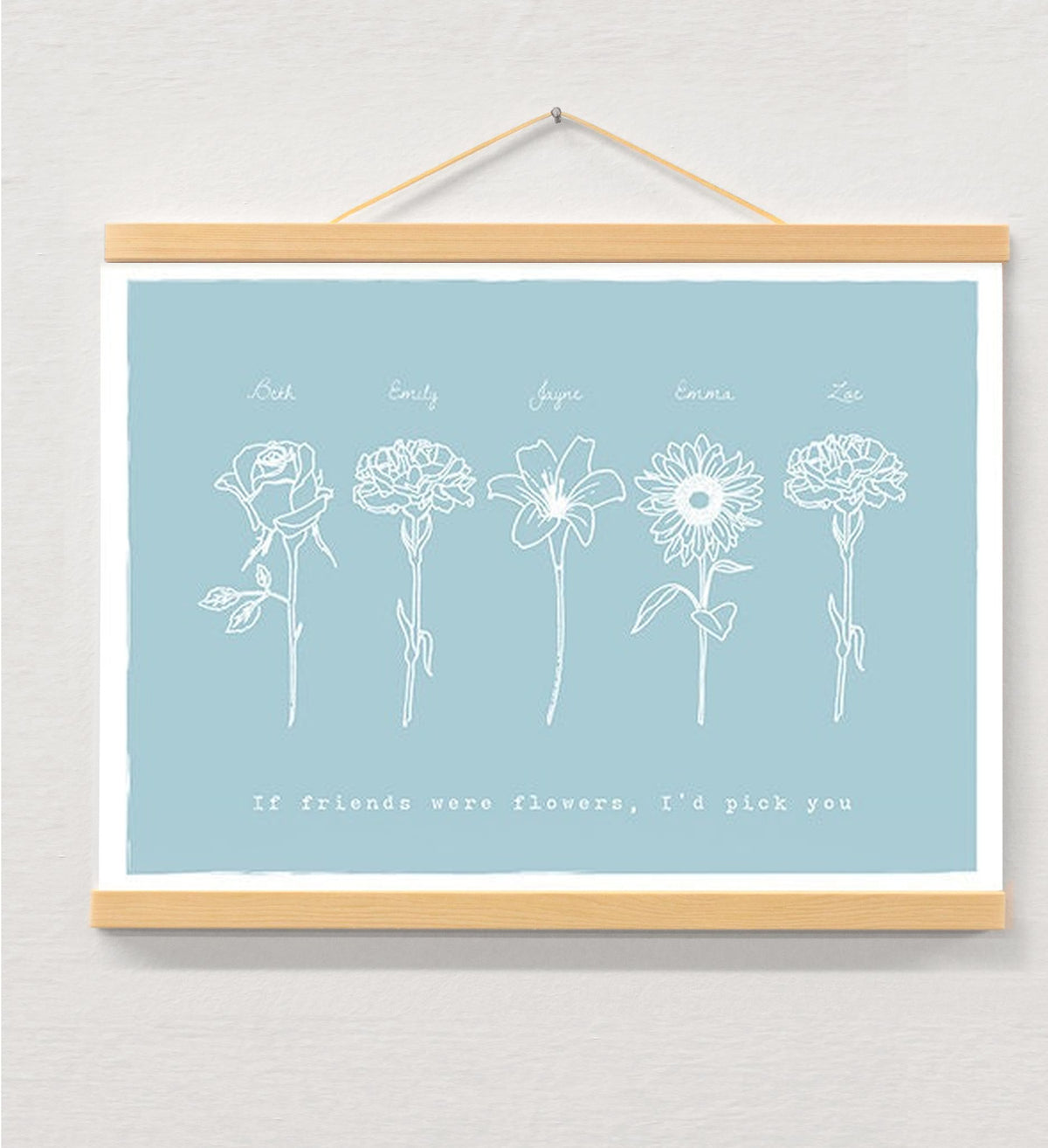 Personalized Best Friend Print, Floral Line Art Gift displayed in a wooden magnetic hanger