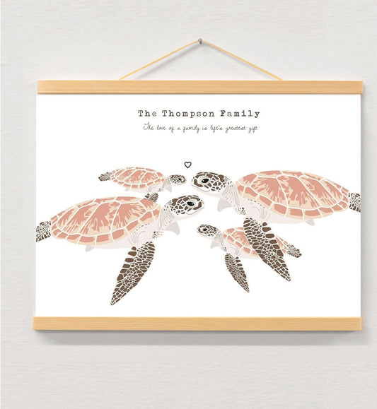 Sea Turtle Family Personalised Print displayed in a wooden magnetic hanger