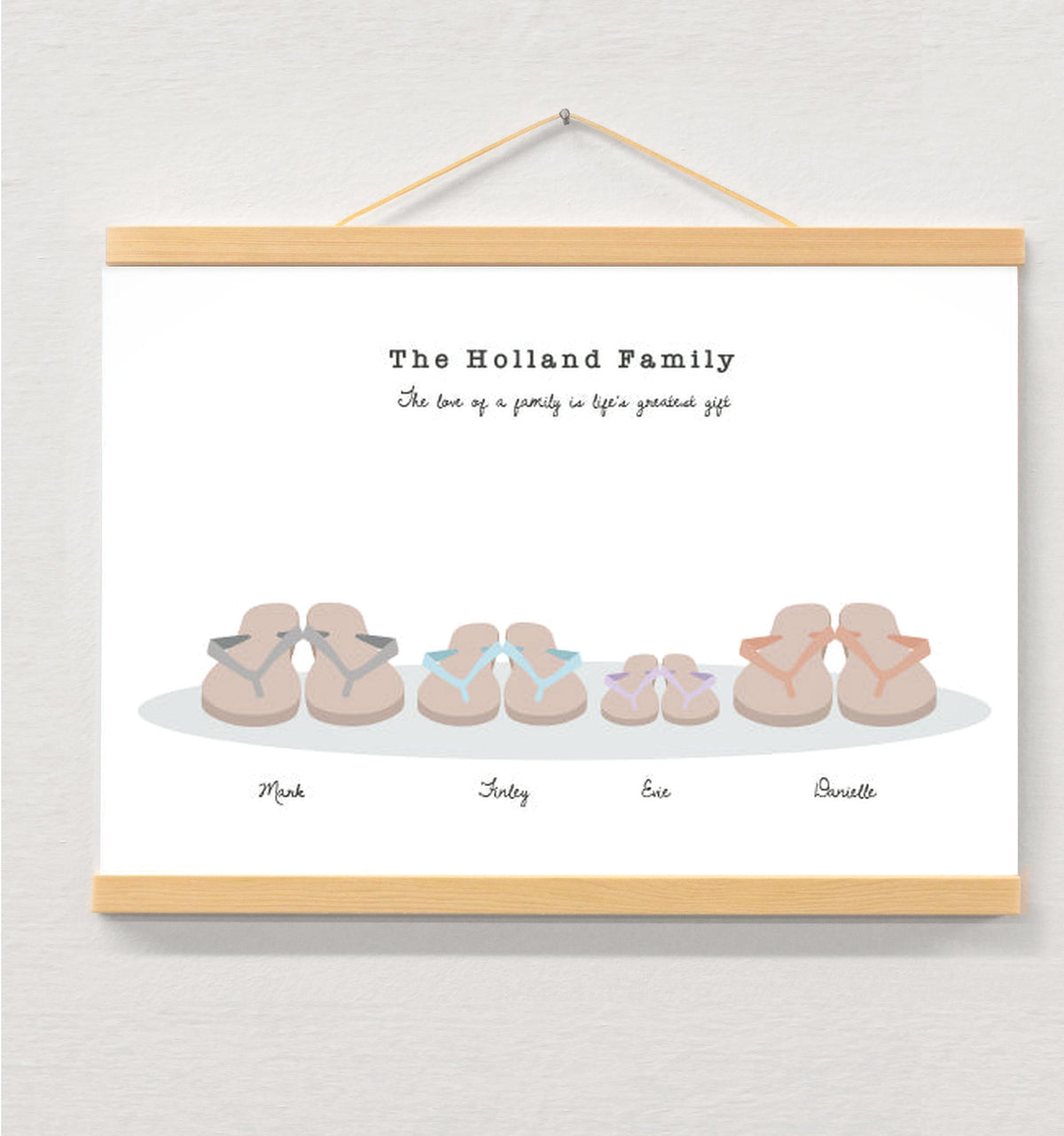Havianas Inspired Flip Flop Family Print displayed in a wooden magnetic hanger