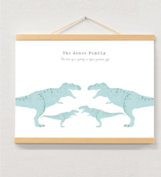 Dinosaur Family Personalised Print displayed in a wooden magnetic hanger