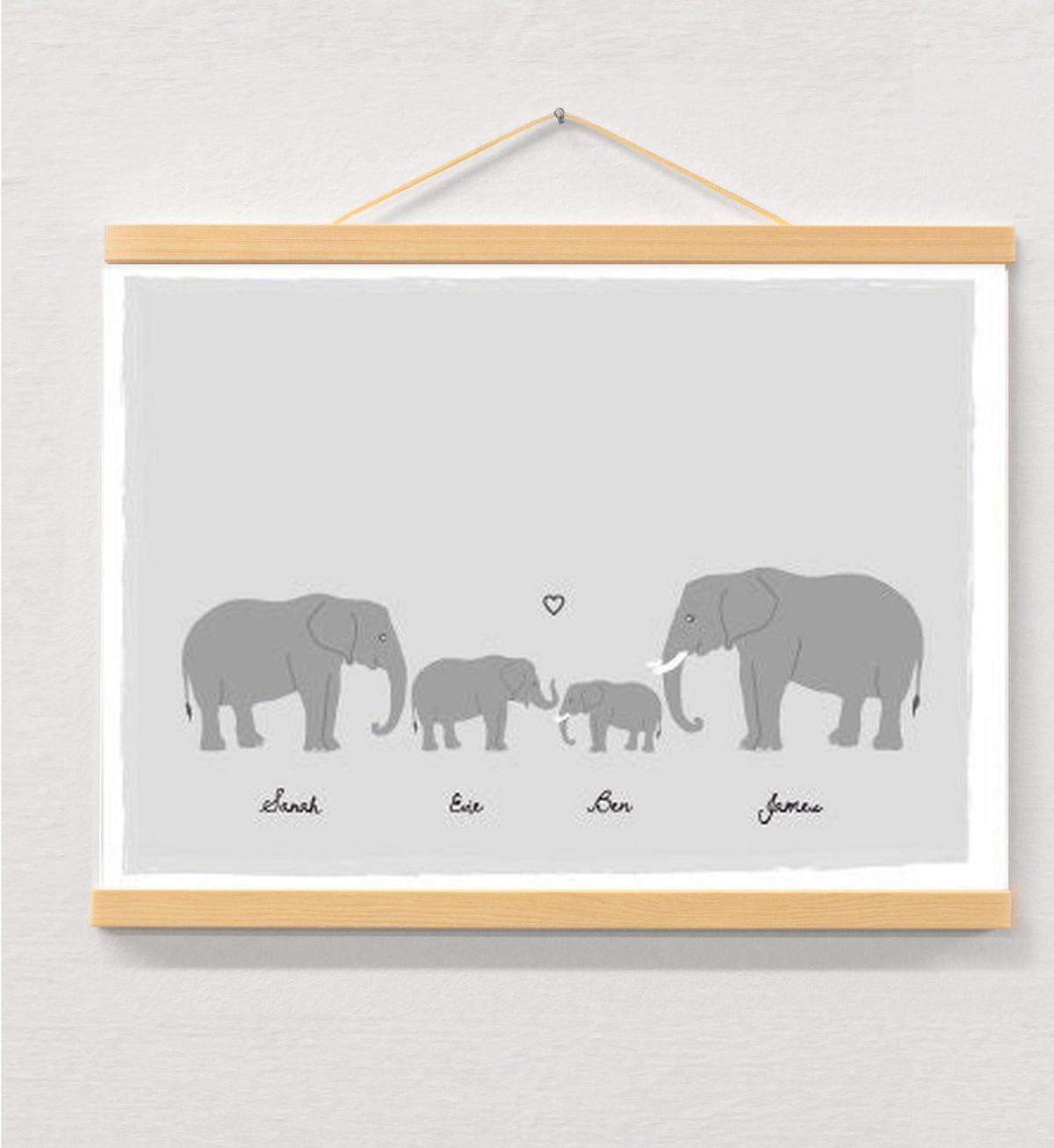 Personalized Elephant Family Print, Custom Names, Housewarming Gift displayed in a wooden magnetic hanger