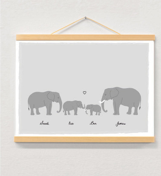 Personalized Elephant Family Print, Custom Names, Housewarming Gift displayed in a wooden magnetic hanger