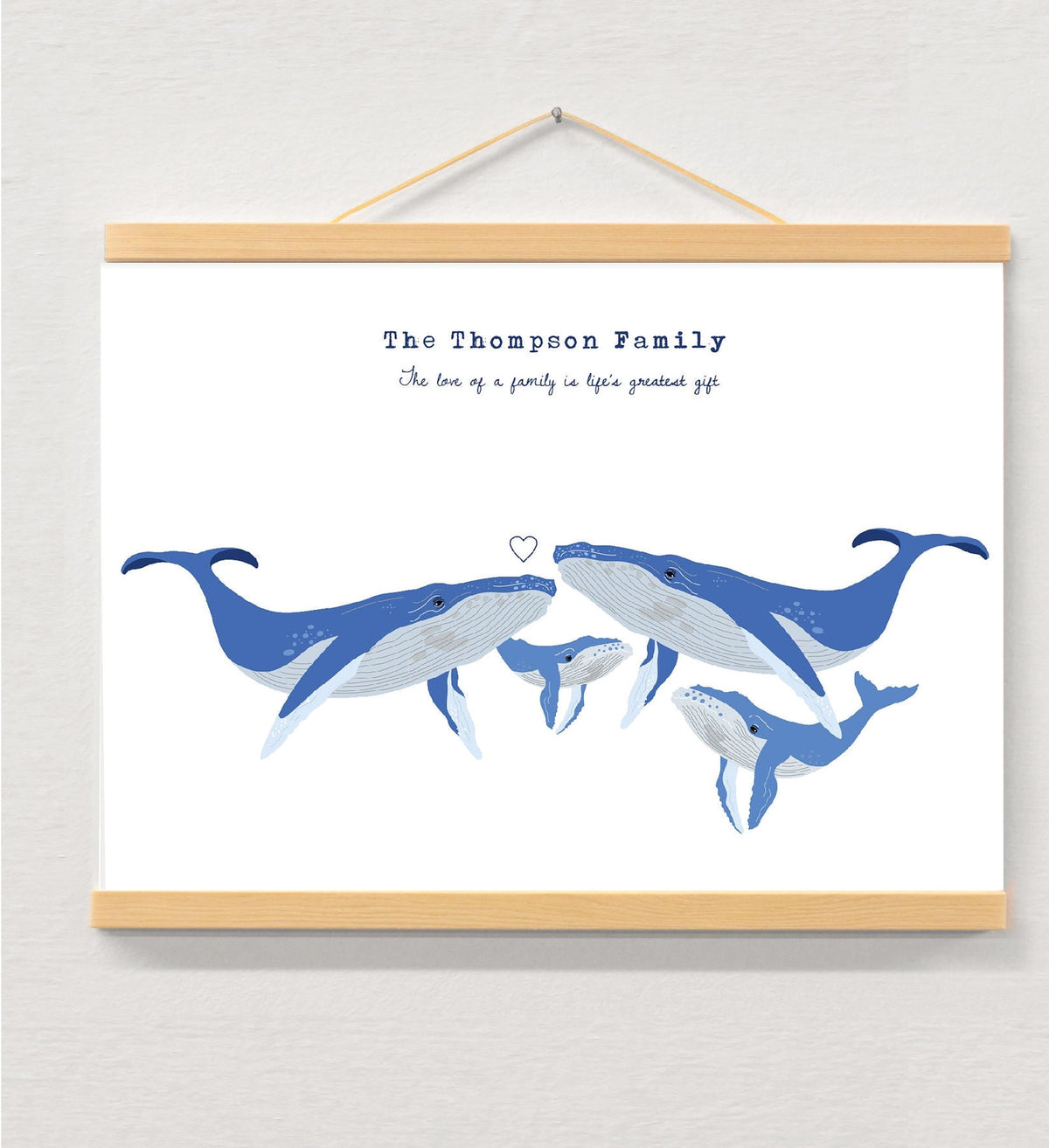 Personalised Whale Family Print, Custom Name, Housewarming Gift (A4/A3) displayed in a wooden magnetic hanger