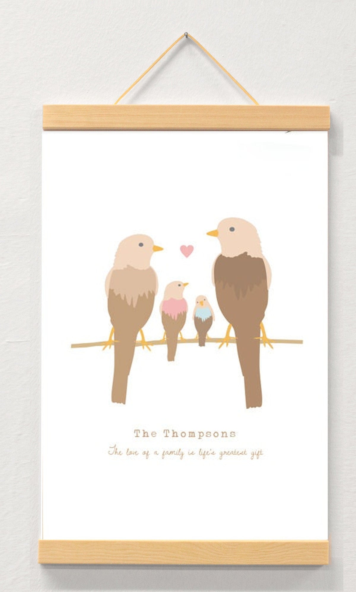 Family Personalised Print Birds displayed in a wooden magnetic hanger