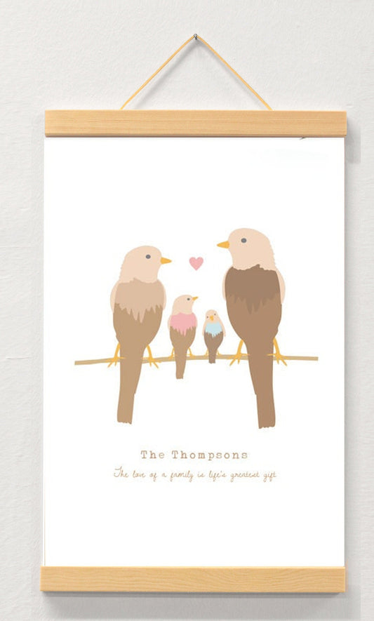 Family Personalised Print Birds displayed in a wooden magnetic hanger