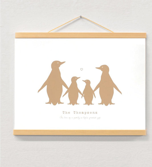 Penguin Personalised Family Print displayed in a wooden magnetic hanger
